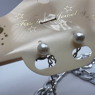 Vintage 90s Silver Tone Double Layer Curb Chain Necklace & Pearl Earrings Set - Thumbnail 10