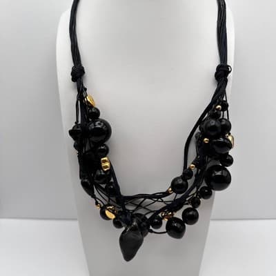 Vintage 90s Black Multi Strand Cluster Necklace Gold Tone Women's Jewelry Retro - Thumbnail 2