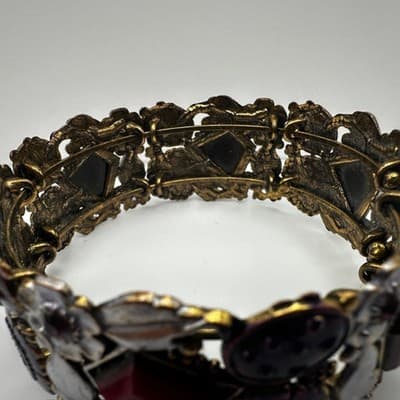 Vintage 90s Boho Floral Link Bracelet Geometric Stones Purple Enamel Jewelry - Thumbnail 8