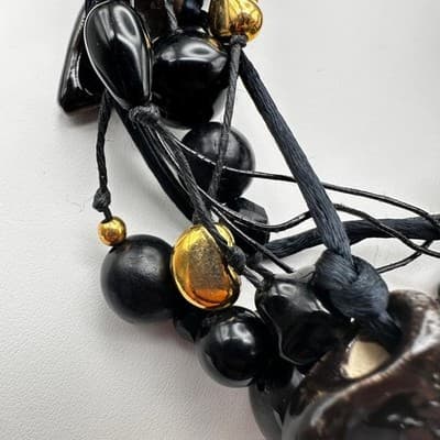 Vintage 90s Black Multi Strand Cluster Necklace Gold Tone Women's Jewelry Retro - Thumbnail 10