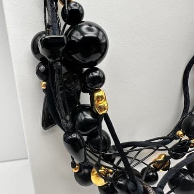 Vintage 90s Black Multi Strand Cluster Necklace Gold Tone Women's Jewelry Retro - Thumbnail 3