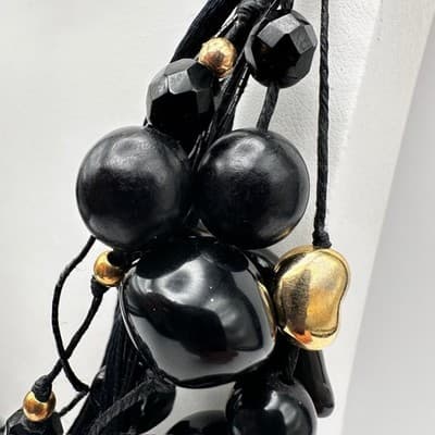 Vintage 90s Black Multi Strand Cluster Necklace Gold Tone Women's Jewelry Retro - Thumbnail 8