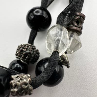 Vintage 90s Multi-Strand Black Ribbon Necklace Glass Beads Metal Womens Jewelry - Thumbnail 11