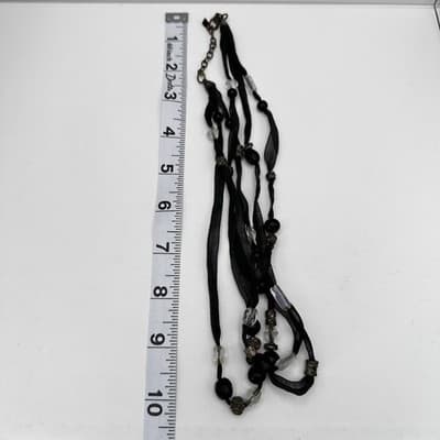 Vintage 90s Multi-Strand Black Ribbon Necklace Glass Beads Metal Womens Jewelry - Thumbnail 14
