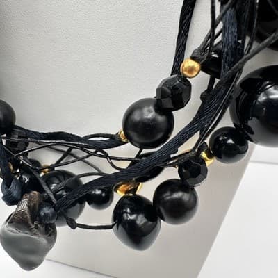 Vintage 90s Black Multi Strand Cluster Necklace Gold Tone Women's Jewelry Retro - Thumbnail 7