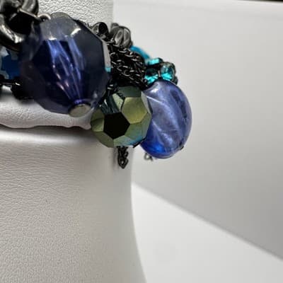 Vintage 90s Blue Crystal Charm Bracelet Silver Tone Mixed Bead Women's Jewelry - Thumbnail 7