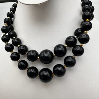 Vintage 80s Black Bead Necklace Set Multi-Strand Geometric Women's Jewelry Y2K - Thumbnail 5