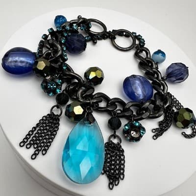 Vintage 90s Blue Crystal Charm Bracelet Silver Tone Mixed Bead Women's Jewelry - Thumbnail 9