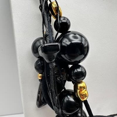 Vintage 90s Black Multi Strand Cluster Necklace Gold Tone Women's Jewelry Retro - Thumbnail 5