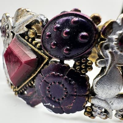 Vintage 90s Boho Floral Link Bracelet Geometric Stones Purple Enamel Jewelry - Thumbnail 7