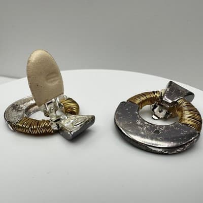 Vintage 80s Two Tone Door Knocker Clip On Earrings Wire Wrapped Women's Jewelry - Thumbnail 10