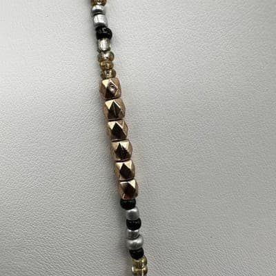 Vintage 90s Boho Black Tassel Statement Necklace Gold & Silver Tone Beaded Bib - Thumbnail 9