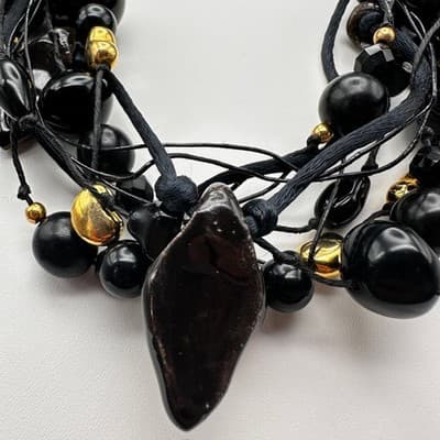 Vintage 90s Black Multi Strand Cluster Necklace Gold Tone Women's Jewelry Retro - Thumbnail 9