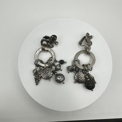 Vintage 90s Birch Hill Silver Tone Multi Charm Dangle Earrings Statement Jewelry - Thumbnail 2
