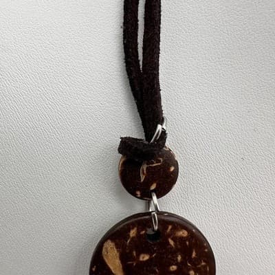 Vintage 90s Coconut Shell Mother Of Pearl Necklace Brown Suede Cord Bib Women's - Thumbnail 5