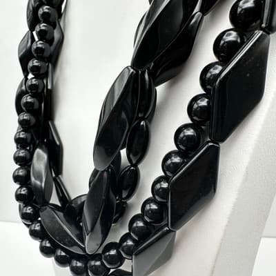 Vintage 80s Black Multi-Strand Necklace Chunky Glossy Bead Women's Jewelry Retro - Thumbnail 7
