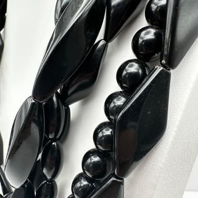 Vintage 80s Black Multi-Strand Necklace Chunky Glossy Bead Women's Jewelry Retro - Thumbnail 8