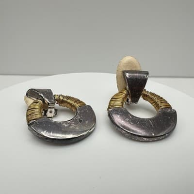 Vintage 80s Two Tone Door Knocker Clip On Earrings Wire Wrapped Women's Jewelry - Thumbnail 4