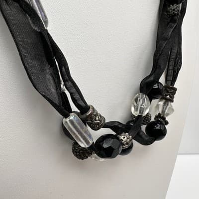 Vintage 90s Multi-Strand Black Ribbon Necklace Glass Beads Metal Womens Jewelry - Thumbnail 4
