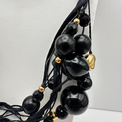 Vintage 90s Black Multi Strand Cluster Necklace Gold Tone Women's Jewelry Retro - Thumbnail 6
