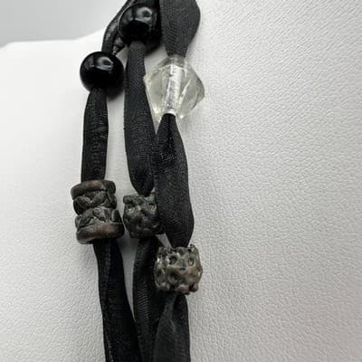 Vintage 90s Multi-Strand Black Ribbon Necklace Glass Beads Metal Womens Jewelry - Thumbnail 7