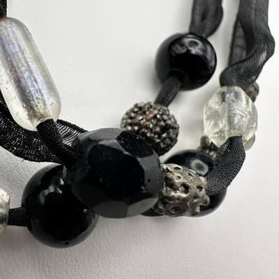 Vintage 90s Multi-Strand Black Ribbon Necklace Glass Beads Metal Womens Jewelry - Thumbnail 10