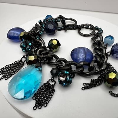 Vintage 90s Blue Crystal Charm Bracelet Silver Tone Mixed Bead Women's Jewelry - Thumbnail 12