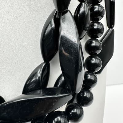 Vintage 80s Black Multi-Strand Necklace Chunky Glossy Bead Women's Jewelry Retro - Thumbnail 6