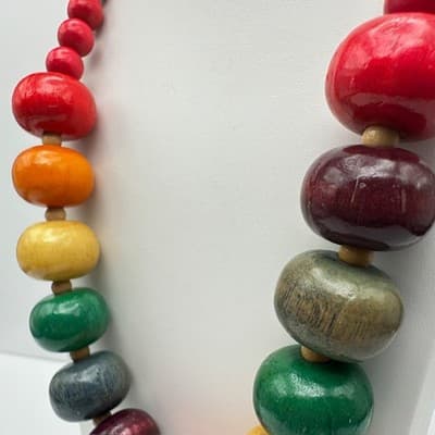 Vintage 90s Wood Bead Chunky Statement Necklace Boho Retro Women's Jewelry - Thumbnail 9