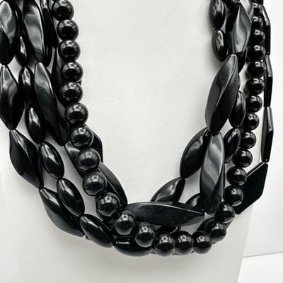 Vintage 80s Black Multi-Strand Necklace Chunky Glossy Bead Women's Jewelry Retro - Thumbnail 2