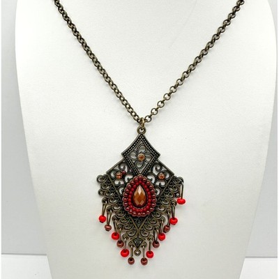 Vintage 90s Bronze Filigree Pendant Beads Necklace Rhinestone Women's Jewelry - Thumbnail 2