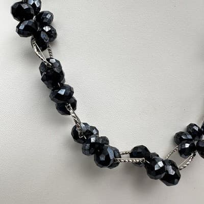 Vintage 90s Black Floral Beaded Necklace Cluster Silver Tone Women's Jewelry 90s - Thumbnail 3