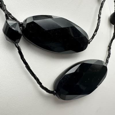 Vintage 90s Black Faceted Beaded Necklace Multi Strand Silver Tone Jewelry Boho - Thumbnail 3