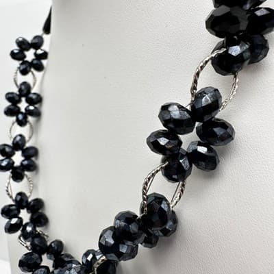 Vintage 90s Black Floral Beaded Necklace Cluster Silver Tone Women's Jewelry 90s - Thumbnail 8