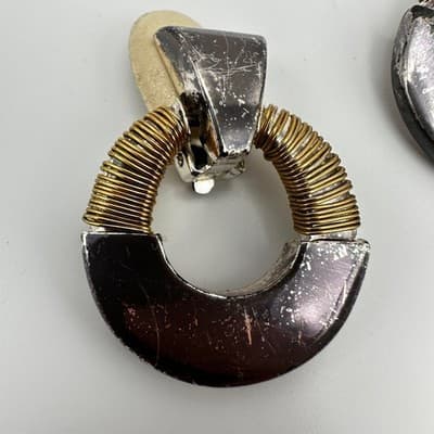 Vintage 80s Two Tone Door Knocker Clip On Earrings Wire Wrapped Women's Jewelry - Thumbnail 11