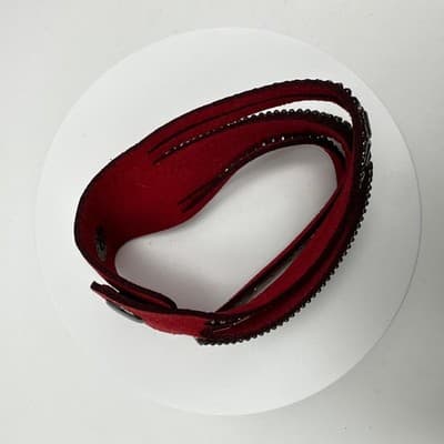Vintage 90s Red Suede Cuff Bracelet Rhinestone Gunmetal Tone Women's Jewelry - Thumbnail 2