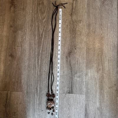 Vintage 90s Coconut Shell Mother Of Pearl Necklace Brown Suede Cord Bib Women's - Thumbnail 11
