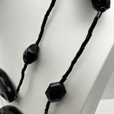 Vintage 90s Black Faceted Beaded Necklace Multi Strand Silver Tone Jewelry Boho - Thumbnail 7