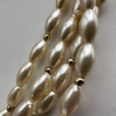 Vintage 80s Cream Faux Pearl Multi Strand Necklace Gold Tone Women's Jewelry Y2K - Thumbnail 7