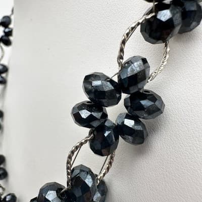 Vintage 90s Black Floral Beaded Necklace Cluster Silver Tone Women's Jewelry 90s - Thumbnail 9
