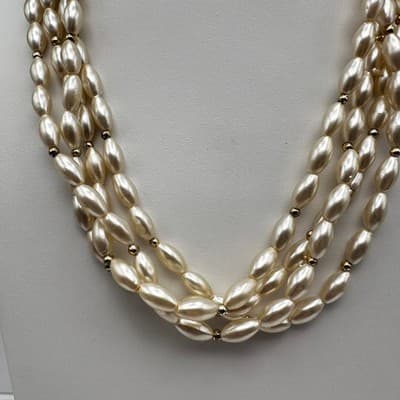 Vintage 80s Cream Faux Pearl Multi Strand Necklace Gold Tone Women's Jewelry Y2K - Thumbnail 2