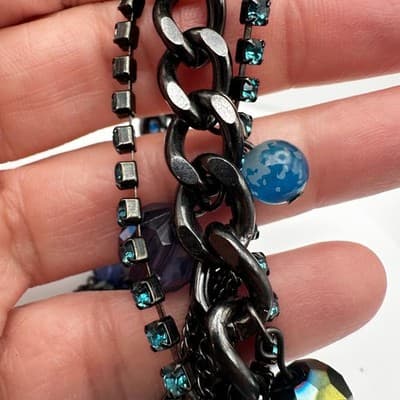 Vintage 90s Blue Crystal Charm Bracelet Silver Tone Mixed Bead Women's Jewelry - Thumbnail 14