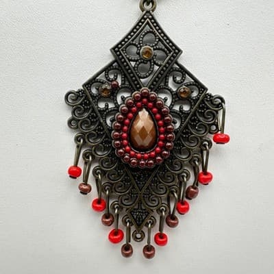 Vintage 90s Bronze Filigree Pendant Beads Necklace Rhinestone Women's Jewelry - Thumbnail 4