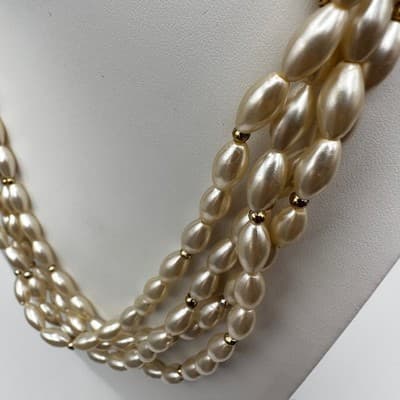 Vintage 80s Cream Faux Pearl Multi Strand Necklace Gold Tone Women's Jewelry Y2K - Thumbnail 8