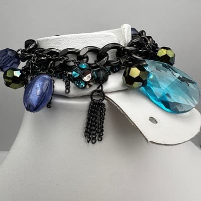 Vintage 90s Blue Crystal Charm Bracelet Silver Tone Mixed Bead Women's Jewelry - Thumbnail 2