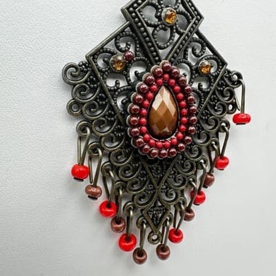 Vintage 90s Bronze Filigree Pendant Beads Necklace Rhinestone Women's Jewelry - Thumbnail 5