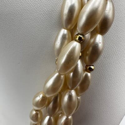 Vintage 80s Cream Faux Pearl Multi Strand Necklace Gold Tone Women's Jewelry Y2K - Thumbnail 9