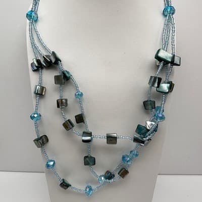 VTG 90s Teal Multi-Strand Shell Necklace Layered Bead Silver Tone Jewelry - Thumbnail 6