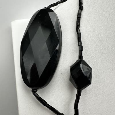 Vintage 90s Black Faceted Beaded Necklace Multi Strand Silver Tone Jewelry Boho - Thumbnail 5