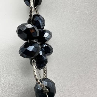 Vintage 90s Black Floral Beaded Necklace Cluster Silver Tone Women's Jewelry 90s - Thumbnail 6